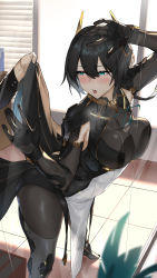 Rule 34 | 1boy, 1girl, \||/, absurdres, aether gazer, against glass, black bodysuit, black dress, black gloves, black hair, black sleeves, blurry, blurry foreground, blush, bodysuit, boots, breast press, breasts, breasts on glass, breath, clothes lift, commentary request, dawalixi, dress, dress lift, elbow gloves, glass, gloves, gold trim, green eyes, hair between eyes, hand up, high heels, highres, indoors, large breasts, long hair, long sleeves, office, open mouth, shadow, shu (aether gazer), spread legs, standing, teeth, thigh boots, thighs, upper teeth only, window