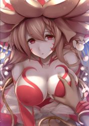 Rule 34 | 1girl, bare shoulders, braid, grabbing another&#039;s breast, breasts, brown hair, charybdis (granblue fantasy), cleavage, collarbone, girl on top, grabbing, granblue fantasy, guided breast grab, guiding hand, head tilt, highres, holding another&#039;s wrist, kanopan, large breasts, long hair, looking at viewer, monster girl, nipples, parted lips, pov, red eyes, solo focus, underwater, very long hair