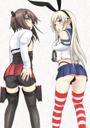 Rule 34 | 10s, 2girls, ass, bike shorts, black panties, blonde hair, blush, brown eyes, brown hair, elbow gloves, flat chest, from behind, gloves, hair ornament, hand on own ass, hand on own chest, headband, headgear, highres, kantai collection, long hair, looking at viewer, looking back, multiple girls, niiyamuneko, open mouth, panties, personification, pleated skirt, revision, shimakaze (kancolle), short hair, skirt, striped clothes, striped legwear, striped thighhighs, taihou (kancolle), thighhighs, underwear, white gloves