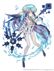 Rule 34 | 1girl, absurdly long hair, anklet, blue eyes, bodysuit, breasts, fins, full body, highres, holding, holding staff, jellyfish, jewelry, ji no, long hair, looking at viewer, ningyo hime (sinoalice), official art, ponytail, purple hair, sideboob, sinoalice, skin tight, solo, spines, square enix, staff, very long hair, water, white background, white bodysuit