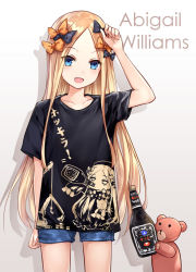 Rule 34 | 1girl, abigail williams (fate), asle, black bow, black shirt, blonde hair, blue eyes, blue shorts, blush, bottle, bow, breasts, character name, clothes writing, denim, denim shorts, fate/grand order, fate (series), forehead, hair bow, long hair, looking at viewer, multiple hair bows, open mouth, orange bow, parted bangs, polka dot, polka dot bow, shirt, short shorts, short sleeves, shorts, small breasts, smile, stuffed animal, stuffed toy, teddy bear, thighs, translation request