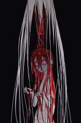 Rule 34 | 1girl, black background, bleeding, blood, blood on body, blood on face, completely nude, from side, glowing, glowing eyes, hair between eyes, hands in own hair, hands up, hunter x hunter, kite (chimera ant), kite (hunter x hunter), long hair, looking at viewer, looking to the side, nude, pink eyes, red hair, saiko67, simple background, solo focus, very long hair, white hair