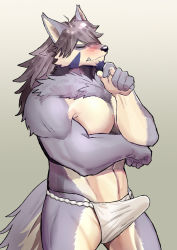 Rule 34 | 1boy, abs, animal ears, bara, beige fur, blush, bulge, daikaijuu monogatari, erection, erection under clothes, facial hair, fang, feet out of frame, fundoshi, furry, furry male, goatee, hair between eyes, japanese clothes, large pectorals, long hair, male focus, mature male, muscular, muscular male, navel, navel hair, pectoral lift, pectorals, ryulabo, solo, stomach, stroking beard, temujin (housamo), thick thighs, thighs, tokyo houkago summoners, topless male, underwear, underwear only, wolf boy, wolf ears