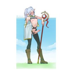 Rule 34 | 1boy, black thighhighs, boots, brown footwear, capelet, closed mouth, cloud, drop earrings, earrings, elf, erection, frieren, full body, garter belt, genderswap, genderswap (ftm), gold trim, grass, green eyes, highres, holding, holding clothes, holding staff, jewelry, linea alba, long hair, mage staff, male focus, navel, nipples, no shirt, parted bangs, penis, pointy ears, red ribbon, ribbon, short eyebrows, smile, solo, sousou no frieren, staff, standing, tailbox, thighhighs, trap, twintails, white capelet, white hair
