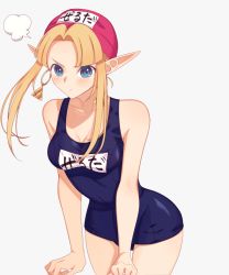 Rule 34 | 1girl, :t, annoyed, blonde hair, blue eyes, blush, breasts, cleavage, earrings, embarrassed, female focus, jewelry, leaning forward, long pointy ears, miri (cherryjelly), name tag, nintendo, one-piece swimsuit, parted bangs, pointy ears, pout, princess zelda, simple background, solo, super smash bros., swim cap, swimsuit, the legend of zelda, the legend of zelda: a link between worlds, triforce, v-shaped eyebrows, white background