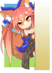 Rule 34 | 1girl, absurdres, animal ears, bare shoulders, blue bow, blue kimono, bow, breasts, chibi, cleavage, fate/extra, fate (series), fox ears, fox girl, fox tail, hair bow, highres, japanese clothes, kimono, large breasts, long hair, peeking, pink hair, solo, tail, tamamo (fate), tamamo no mae (fate/extra), wisespeak, yellow eyes