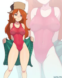 Rule 34 | 1girl, absurdres, animification, artist name, bare legs, bare shoulders, breasts, breasts apart, closed mouth, collarbone, commentary request, cowboy shot, dot nose, forehead, gravity falls, green eyes, hat, highleg, highleg swimsuit, highres, legs apart, long hair, looking at viewer, medium breasts, nipples, one-piece swimsuit, orange hair, parted bangs, red one-piece swimsuit, satelyte, skin tight, smile, solo, swimsuit, symbol-shaped pupils, thighs, toon (style), undressing, wendy corduroy