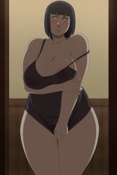 Rule 34 | 1girl, bare shoulders, black hair, blush, bob cut, boruto: naruto next generations, breasts, cleavage, clothes, embarrassed, female focus, highres, huge breasts, hyuuga hinata, khexxi, large breasts, purple eyes, lingerie, mature female, medium hair, naruto (series), nipples, no pupils, pupiless eyes, short hair, solo, tagme, thick thighs, thighs, underwear