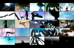 Rule 34 | 10s, 1girl, black hair, black rock shooter, black rock shooter (character), blue eyes, broken, broken chain, chain, checkered floor, cross, hatsune miku, highres, huke, latin cross, long hair, moon, motor vehicle, motorcycle, sky, supercell (band), sword, tears, twintails, uneven twintails, vehicle, vocaloid, weapon