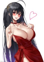 Rule 34 | 1girl, :d, ahoge, azur lane, bare shoulders, blush, bottle, breasts, choker, collarbone, dress, evening gown, hair ornament, heart, highres, large breasts, long hair, one side up, open mouth, red choker, red dress, side slit, simple background, smile, solo, spaghetti strap, strap pull, taihou (azur lane), taihou (forbidden feast) (azur lane), very long hair, white background, yorugami rei