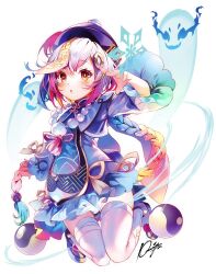 Rule 34 | 1girl, bead necklace, beads, black footwear, blush, braid, braided ponytail, coin hair ornament, colorful, commentary, dress, feet up, floating, full body, genshin impact, ghost, hair ornament, hand up, hat, highres, jewelry, jiangshi, kamiya yuu, long hair, long sleeves, looking at viewer, necklace, ofuda, ofuda on head, ofuda on leg, open mouth, orb, purple dress, purple hair, purple hat, qingdai guanmao, qiqi (genshin impact), red eyes, signature, snowflakes, solo, talisman, tassel, thighhighs, thighs, vision (genshin impact), white background, white thighhighs, wind, yin yang, yin yang orb