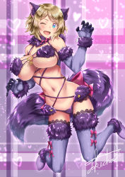 Rule 34 | 1girl, ;d, animal ear fluff, animal ears, bare shoulders, bikini, blush, breasts, brown hair, cameltoe, claw pose, claws, cleavage, commentary request, cosplay, creatures (company), elbow gloves, fake animal ears, fang, fate/grand order, fate (series), full body, fur-trimmed gloves, fur-trimmed legwear, fur collar, fur trim, game freak, gloves, groin, halloween costume, heart, high heels, highres, large breasts, looking at viewer, mash kyrielight, mash kyrielight (dangerous beast), mash kyrielight (dangerous beast) (cosplay), navel, nintendo, o-ring, o-ring top, official alternate costume, one eye closed, open mouth, poke ball symbol, pokemon, pokemon xy, purple background, purple bikini, purple gloves, purple thighhighs, revealing clothes, serena (pokemon), shadow, short hair, sidelocks, signature, smile, solo, stomach, swimsuit, tail, takecha, thighhighs, underboob, wolf ears, wolf tail