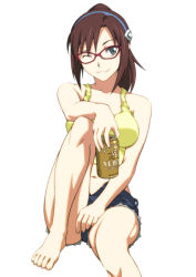Rule 34 | 1girl, alcohol, alternate hairstyle, barefoot, beer, beer can, breasts, brown hair, can, cosplay, drink can, evangelion: 2.0 you can (not) advance, feet, female focus, glasses, green eyes, grin, hairband, katsuragi misato, katsuragi misato (cosplay), large breasts, looking at viewer, makinami mari illustrious, md5 mismatch, midriff, navel, neon genesis evangelion, norizou, norizou type-r, one eye closed, ponytail, rebuild of evangelion, shorts, simple background, sitting, smile, solo, tank top, teeth, white background, wink, yebisu
