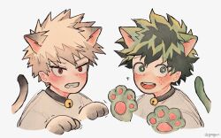 Rule 34 | 2boys, animal collar, animal ears, animal hands, bakugou katsuki, bell, blonde hair, blush, boku no hero academia, cat boy, cat ears, cat tail, clenched teeth, collar, commentary request, freckles, gaagyeo, gloves, green eyes, green hair, highres, kemonomimi mode, korean commentary, looking at viewer, male focus, midoriya izuku, multiple boys, neck bell, open mouth, paw gloves, red eyes, shirt, short hair, simple background, smile, spiked hair, tail, teeth, twitter username, upper body, white background
