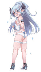 Rule 34 | 1girl, ass, bare shoulders, bikini, blue hair, blush, breasts, butt crack, draph, eyes visible through hair, flower, from behind, full body, granblue fantasy, hair between eyes, hair flower, hair ornament, high heels, highleg, highleg bikini, highres, horns, izmir, izmir (summer) (granblue fantasy), large breasts, layered swimsuit, long hair, looking at viewer, mole, mole under mouth, one-piece swimsuit, open mouth, pink lips, pointy ears, red eyes, skindentation, solo, spicy moo, standing, swimsuit, thigh strap, thighs, very long hair, whale tail (clothing), white bikini, white one-piece swimsuit