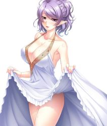 Rule 34 | 00s, 1girl, aikawa arisa, bare shoulders, blush, breasts, cleavage, dress, female focus, helene, helene (taimanin asagi), large breasts, long hair, looking at viewer, open mouth, pointy ears, purple eyes, purple hair, shiny skin, smile, solo, standing, taimanin (series), taimanin asagi, taimanin asagi kessen arena, white hair