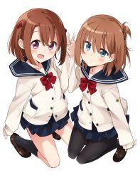 Rule 34 | 2girls, :d, black socks, blue eyes, blue skirt, blush, brown footwear, brown hair, cardigan, closed mouth, commentary request, copyright request, fingernails, hair between eyes, holding hands, interlocked fingers, kneehighs, kneeling, loafers, long sleeves, looking at viewer, mousou (mousou temporary), multiple girls, one side up, open mouth, pantyhose, pleated skirt, purple eyes, school uniform, serafuku, shoes, short hair, simple background, skirt, sleeves past wrists, smile, socks, white background
