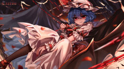 Rule 34 | 1girl, absurdres, ascot, bat wings, blue hair, commentary request, fingernails, hat, hat ribbon, highres, long fingernails, looking at viewer, mob cap, parted lips, red ascot, red eyes, red nails, red ribbon, remilia scarlet, ribbon, shirt, short hair, short sleeves, signature, solo, top-exerou, touhou, white hat, white shirt, wings