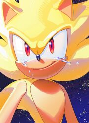 Rule 34 | 1boy, absurdres, animal ears, animal nose, commentary, furry, furry male, glowing, happy tears, hedgehog, hedgehog ears, highres, hyeon sonic, red eyes, smirk, solo, sonic (series), sonic the hedgehog, space, sparkle, star (sky), super sonic, tears, upper body, yellow fur