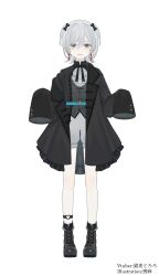 Rule 34 | 1girl, absurdres, artist name, belt, black bow, black footwear, black jacket, black shirt, blue belt, bow, character name, closed mouth, earrings, full body, grey eyes, hair bow, heart, heart in eye, highres, iei000, indie virtual youtuber, jacket, jewelry, long sleeves, looking at viewer, loose clothes, medium hair, neck ribbon, nekomugi tororo, pants, ribbon, shirt, shorts, simple background, sleeves past fingers, sleeves past wrists, solo, standing, symbol in eye, two side up, virtual youtuber, white background, white hair, white pants