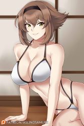 Rule 34 | 1girl, arm support, aslindsamure, bare shoulders, bikini, blush, breasts, brown hair, cleavage, collarbone, green eyes, groin, hair between eyes, hairband, highres, indoors, kantai collection, large breasts, looking at viewer, multi-strapped bikini, mutsu (kancolle), on floor, parted lips, patreon username, short hair, sidelocks, sitting, skindentation, smile, solo, stomach, swimsuit, thighs, toned, white bikini