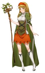 Rule 34 | 1girl, absurdres, bad id, bad twitter id, black socks, blonde hair, boots, breasts, bright pupils, cape, closed mouth, contrapposto, cozyu, full body, green cape, highres, holding, holding staff, looking at viewer, medium breasts, orange skirt, original, sanpaku, simple background, skirt, socks, solo, staff, white background, white footwear, white pupils, yellow eyes