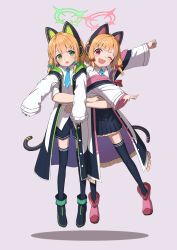Rule 34 | 2girls, absurdres, animal ear headphones, animal ears, blonde hair, blue archive, blue necktie, blue shorts, blue skirt, blue thighhighs, bow, carrying, carrying person, cat ear headphones, cat tail, chestnut mouth, collared shirt, dangling, disembodied hand, fake animal ears, green bow, hair bow, halo, headphones, highres, jacket, looking at viewer, mechanical tail, midori (blue archive), mogurii, momoi (blue archive), multiple girls, necktie, off shoulder, one eye closed, open mouth, pink bow, pleated skirt, shirt, short hair, short necktie, shorts, siblings, simple background, sisters, skirt, sleeves past wrists, smile, tail, thighhighs, twins, white jacket, white shirt