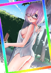 Rule 34 | 1girl, :o, ass, blush, bottomless, breasts, commentary request, dousunnen, fate/grand order, fate (series), food, hair over one eye, highres, holding, ice cream, large breasts, looking at viewer, mash kyrielight, naked shirt, no panties, open mouth, purple eyes, purple hair, shirt, short hair, sideboob, solo, white shirt