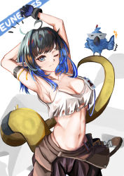 Rule 34 | 1girl, absurdres, arknights, arm strap, armpits, arms up, bare shoulders, belt, black hair, blue hair, blunt bangs, blush, breasts, character name, cleavage, closed mouth, colored inner hair, cowboy shot, crop top, eunectes (arknights), eunectes (forgemaster) (arknights), gloves, high priest (arknights), highres, id card, kurosabi neko, large breasts, long hair, looking at viewer, multicolored hair, navel, no bra, pants, pointy ears, snake tail, stretching, tail, torn clothes, two-tone hair, underboob