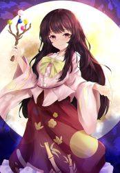 Rule 34 | 1girl, black hair, blush, bow, bowtie, branch, frilled shirt collar, frills, full moon, highres, holding, houraisan kaguya, jeweled branch of hourai, long hair, long skirt, long sleeves, looking at viewer, moon, night, orchid (orukido), red skirt, shirt, skirt, sky, smile, solo, standing, touhou, very long hair, white bow, wide sleeves, yellow bow