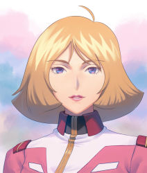 Rule 34 | 1girl, ahoge, bad id, bad pixiv id, blonde hair, cloud, cloudy sky, fateline alpha, gundam, highres, lipstick, looking at viewer, makeup, mobile suit gundam, outdoors, parted lips, portrait, red lips, sayla mass, short hair, sky, smile, solo, uniform, upper body
