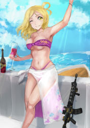 Rule 34 | 1girl, ;), arm up, artist name, artist request, bare legs, bare shoulders, bikini, blonde hair, blue sky, blush, bracelet, braid, breasts, brown eyes, cloud, collarbone, crown braid, cup, day, drinking glass, female focus, floating hair, green eyes, gun, hair rings, hand up, highres, holding, holding drinking glass, jewelry, looking at viewer, love live!, love live! sunshine!!, nail, nail polish, ohara mari, one eye closed, outdoors, parted lips, pearl bracelet, purple bikini, purple nail polish, purple nails, sarong, short hair, sky, smile, solo, sunlight, swimsuit, teeth, text focus, weapon, white sarong, yellow eyes