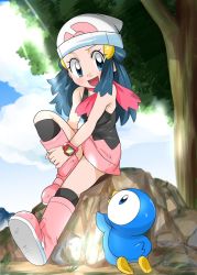 Rule 34 | 1girl, blue eyes, blue hair, blush, boots, breasts, creatures (company), curvy, dawn (pokemon), female focus, game freak, gen 4 pokemon, hainchu, looking back, nintendo, piplup, pokemon, pokemon (anime), pokemon (creature), pokemon dppt (anime), sitting, skirt, sky, small breasts