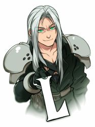 Rule 34 | 1boy, black gloves, final fantasy, final fantasy vii, gloves, green eyes, hair intakes, highres, letter, long hair, looking at viewer, male focus, meme, outstretched hand, sephiroth, shoulder pads, silver hair, slit pupils, smile, smug, solo, square enix, voodoothur