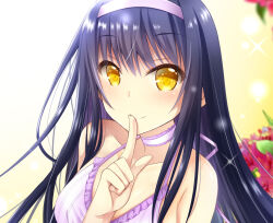Rule 34 | 1girl, bare shoulders, bikini, black hair, blurry, blurry background, blush, breasts, chibinon, choker, close-up, closed mouth, collarbone, commentary request, eyelashes, eyes visible through hair, finger to mouth, flower, frilled bikini, frilled choker, frills, hair between eyes, hairband, halterneck, index finger raised, kushima kamome, large breasts, long hair, looking at viewer, pink hairband, purple bikini, red flower, shushing, sidelocks, simple background, smile, solo, sparkle, straight hair, summer pockets, swimsuit, very long hair, white choker, yellow background, yellow eyes