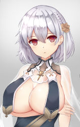 Rule 34 | arm under breasts, azur lane, bad id, bad pixiv id, black dress, braid, breast curtains, breasts, cleavage, crossed bangs, dress, flower, frontera, grey background, hair between eyes, hair flower, hair ornament, highres, large breasts, parted lips, red eyes, revealing clothes, see-through, see-through sleeves, shiny skin, short hair, side braid, simple background, sirius (azur lane), sirius (azure horizons) (azur lane), solo, upper body, white hair