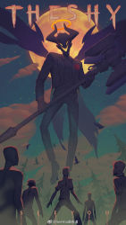 Rule 34 | 6+others, animal, axe, bird, bow, bowtie, dress shirt, evil grin, evil smile, forest, from behind, full moon, giant, glowing, glowing eyes, glowing mouth, grin, halo, highres, holding, holding axe, holding weapon, horns, jacket, league of legends, long sleeves, moon, multiple others, nature, night, open clothes, open jacket, outdoors, pants, see you, shirt, shoes, sky, smile, star (sky), starry sky, tailcoat, torn clothes, torn jacket, tree, weapon