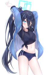 Rule 34 | 1girl, absurdres, alternate costume, aqua halo, aris (blue archive), arm behind head, arms up, black hair, black shirt, blue archive, blue bow, blue buruma, blue eyes, blue jacket, blush, bow, breasts, buruma, closed mouth, contrapposto, cowboy shot, crop top, gym uniform, hair between eyes, hair bow, halo, high ponytail, highres, holding own arm, jacket, long hair, midriff, navel, open clothes, open jacket, rectangular halo, reneua, shirt, simple background, small breasts, smile, solo, stomach, stretching, thighs, tied shirt, track jacket, very long hair, white background