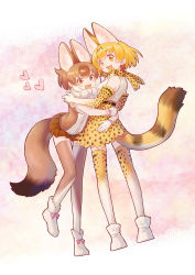 Rule 34 | 2girls, :3, animal ears, bad id, bad pixiv id, belt, black belt, blonde hair, blouse, bow, bowtie, brown hair, brown legwear, brown shirt, commentary, dhole (kemono friends), dog ears, dog tail, dutch angle, elbow gloves, extra ears, from behind, fur collar, gloves, gradient legwear, heart, high-waist skirt, highres, hug, inukoro (spa), kemono friends, leaning forward, looking at viewer, looking back, multicolored hair, multiple girls, open mouth, print gloves, print legwear, print neckwear, print skirt, serval (kemono friends), serval print, serval tail, shirt, shoes, short hair, short sleeves, skirt, sleeveless, sleeveless shirt, smile, standing, standing on one leg, striped tail, tail, thighhighs, traditional bowtie, white footwear, white gloves, white shirt, yellow gloves, yellow legwear, zettai ryouiki