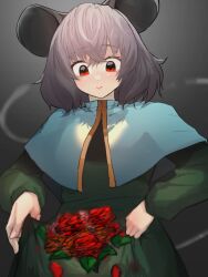 Rule 34 | 1girl, animal ears, blue capelet, blush, capelet, closed mouth, commentary request, cowboy shot, crossed bangs, dress, flower, green dress, grey background, grey hair, highres, long sleeves, looking down, medium hair, mouse ears, mouse girl, mouse tail, nazrin, okiku (ywhj5744), red eyes, red flower, skirt basket, smile, solo, tail, touhou
