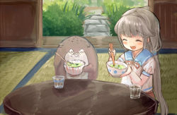 Rule 34 | 1girl, 1other, blue sailor collar, bokukawauso, bowl, commentary request, closed eyes, glass, grey hair, kantai collection, long hair, low twintails, mikura (kancolle), otter, puffy short sleeves, puffy sleeves, sailor collar, sailor shirt, shirt, short sleeves, smile, table, tatami, twintails, veranda, white shirt, wooden floor, wss (nicoseiga19993411)