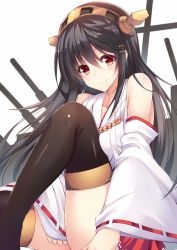 Rule 34 | 10s, 1girl, bare shoulders, black hair, black thighhighs, blush, boots, detached sleeves, hairband, haruna (kancolle), highres, japanese clothes, kantai collection, long hair, looking at viewer, nakatama kyou, personification, ribbon-trimmed sleeves, ribbon trim, skirt, smile, solo, thigh boots, thighhighs, wide sleeves
