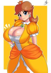 Rule 34 | 1girl, blue eyes, border, breasts, brown hair, cleavage, cleavage cutout, closed mouth, clothing cutout, cowboy shot, crown, curvy, dress, earrings, flower earrings, gloves, hand on own hip, highres, huge breasts, jewelry, looking at viewer, mario (series), medium hair, nintendo, princess daisy, puffy short sleeves, puffy sleeves, rivyk, short sleeves, smile, solo, white border, white gloves, yellow background, yellow dress
