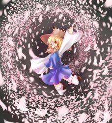 Rule 34 | 1girl, arm up, baram, blonde hair, blurry, cherry blossoms, depth of field, dot nose, female focus, hair ornament, hair ribbon, happy, hat, highres, jumping, loafers, moriya suwako, open mouth, petals, pointing, ribbon, shoes, short hair, skirt, solo, thighhighs, touhou, white thighhighs, wide sleeves, wind, yellow eyes, zettai ryouiki