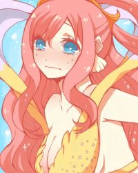 Rule 34 | 1girl, bare shoulders, bikini, blue eyes, breasts, cleavage, crying, earrings, jewelry, large breasts, long hair, one piece, pink hair, ponytail, shirahoshi, solo, swimsuit