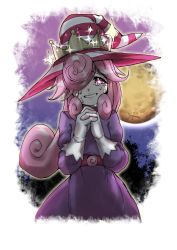 Rule 34 | 1girl, absurdres, artist request, crown, crying, crying with eyes open, curly hair, dress, full moon, grin, hair over one eye, hat, highres, juliet sleeves, long hair, long sleeves, looking at viewer, mario (series), moon, new super mario bros. u deluxe, nintendo, own hands clasped, own hands together, paper mario, paper mario: the thousand year door, pink eyes, pink hair, puffy sleeves, purple dress, rx hts, smile, solo, sparkle, striped clothes, striped headwear, super crown, tears, vivian (paper mario), witch hat