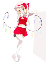 Rule 34 | 1girl, ascot, blonde hair, blush, bow, bread slice, female focus, flandre scarlet, food, food in mouth, full body, hair bow, hat, midriff, mouth hold, navel, oouso, red eyes, short hair, simple background, skirt, skirt set, solo, standing, standing on one leg, suggestive fluid, thighhighs, toast, toast in mouth, touhou, white background, white thighhighs, wings, wrist cuffs