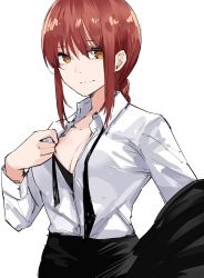 Rule 34 | 1girl, black pants, braid, breasts, chainsaw man, cleavage, closed mouth, collared shirt, highres, long sleeves, looking at viewer, makima (chainsaw man), mame1645, necktie, pants, red hair, ringed eyes, shirt, simple background, sketch, smile, solo, upper body, white background, white shirt, yellow eyes