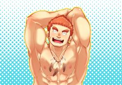 Rule 34 | 1boy, ^ ^, abs, arms on head, bara, blush, borrowed clothes, brown hair, closed eyes, facial scar, facing viewer, feather necklace, jewelry, male focus, muscular, muscular male, necklace, nipples, nude, pectoral squeeze, ragi san (ononokomachiimo), scar, scar on cheek, scar on face, short hair, solo, spiked hair, tamamura gunzo, thick eyebrows, tokyo houkago summoners, upper body