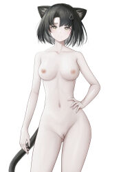 Rule 34 | 1girl, absurdres, animal ears, arknights, black hair, breasts, bright pupils, brown eyes, cat ears, cat girl, cat tail, cleft of venus, collarbone, completely nude, contrapposto, cowboy shot, gluteal fold, hair ornament, hand on own hip, highres, looking at viewer, mandragora (arknights), medium breasts, navel, nipples, nopetroto, nude, pale skin, parted lips, pussy, short hair, simple background, solo, stomach, tail, uncensored, white background